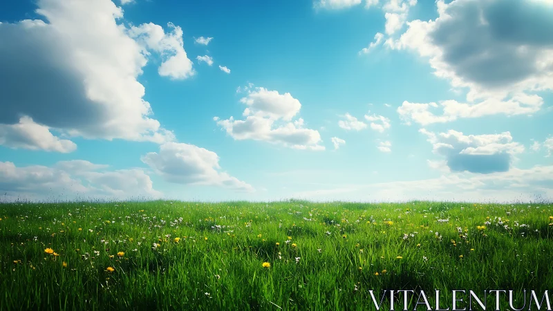 Cumulus-rich sky over luminous wildflower grassland horizon.