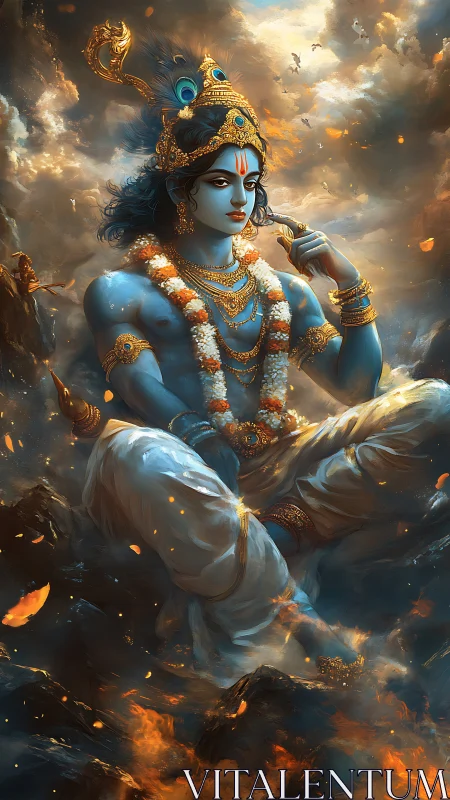 Blue-skinned deity figure seated amid clouds and embers.