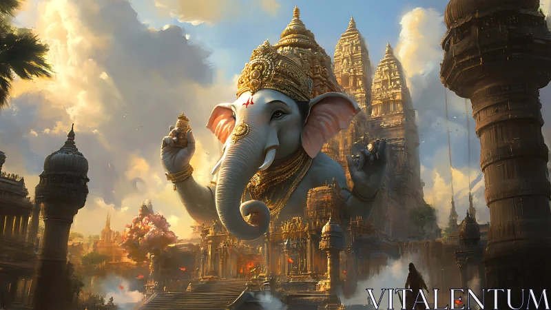 Giant elephant deity over ornate temple city at sunrise.