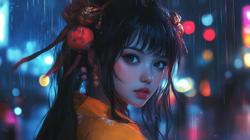 Neon city rain frames a reflective girl in glowing silence.