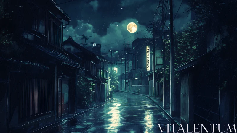 Moonlit rain over quiet urban street with traditional houses.