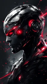 Chromed cybernetic warrior in red-laced neon gloom.
