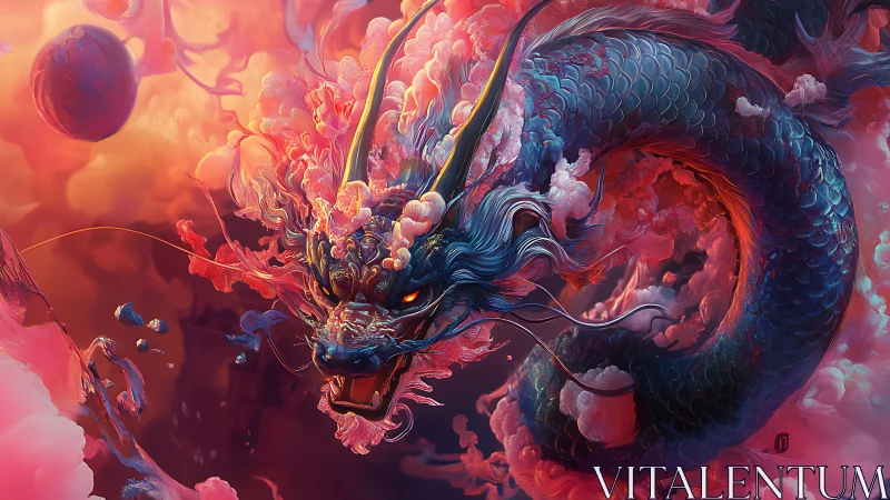 Celestial dragon coils through neon clouds in fiery twilight sky.