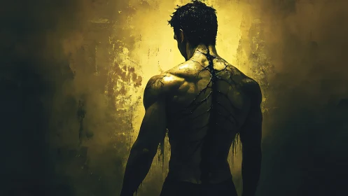 Muscular male figure stands backlit with dark spinal veins
