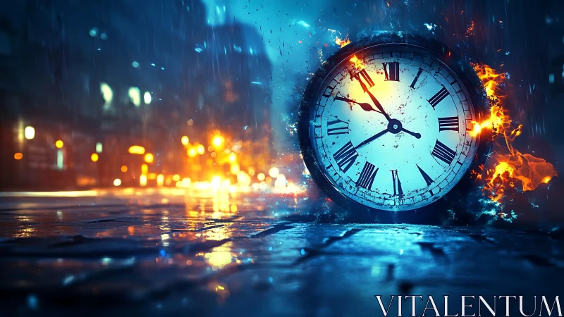 Midnight clock burning bright in rain-soaked city street.