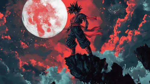 Warrior silhouette confronts blood moon above storm clouds