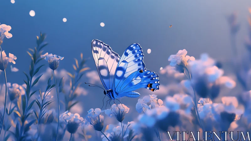 Blue butterfly rests on soft meadow flowers at dusk light