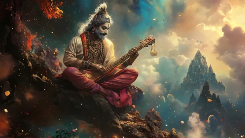 Mystic musician plays veena above luminous mountain clouds.