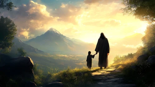 Guiding figure and child walk toward a radiant mountain dawn.