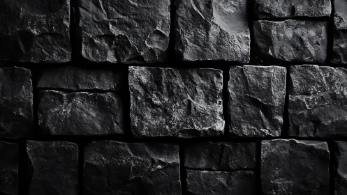 Close-up basalt stone masonry wall in low key directional light