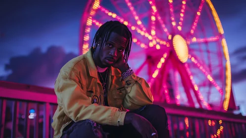 Man sits near neon ferris wheel under dramatic evening sky