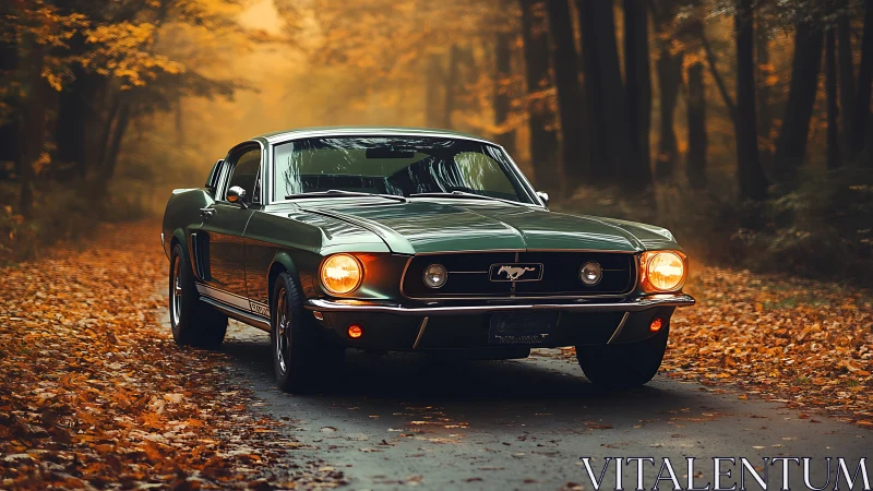 Classic fastback Mustang parked on leaf‑covered forest road