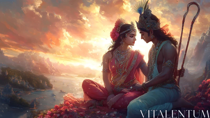 Sunset reverie of royal lovers above a river kingdom.