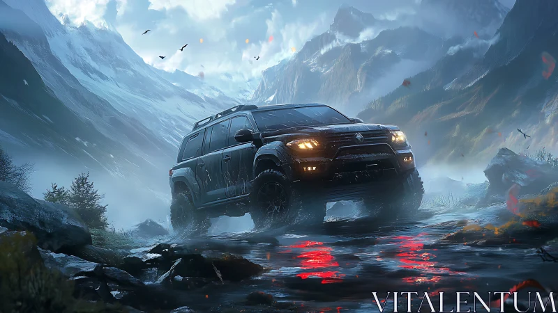 Off-road expedition SUV in glacial valley lightscape scene.