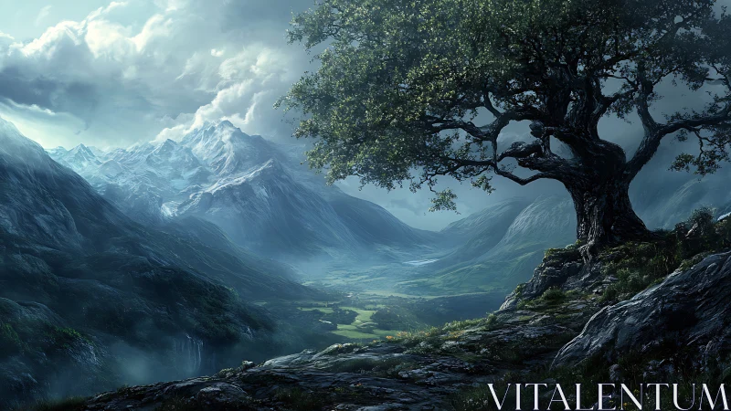 Ancient tree overlooks misty valley under brooding mountains