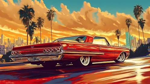 Lowrider glides through neon sunset over palm-lined boulevard.