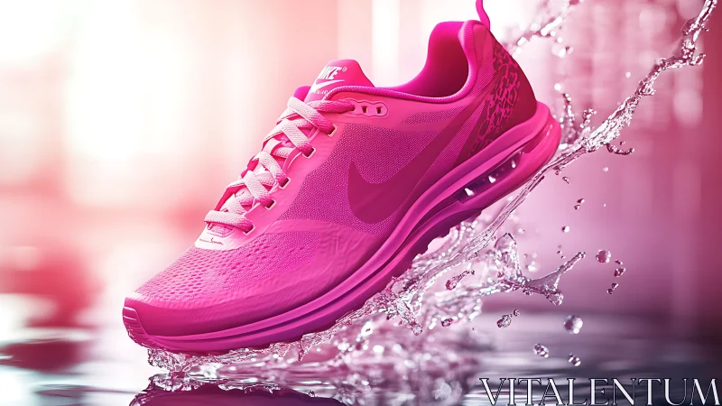 Vibrant pink running sneaker splashing through water motion.