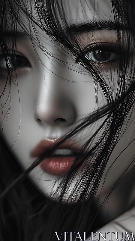 Close portrait of young woman with wet dark hair detail.