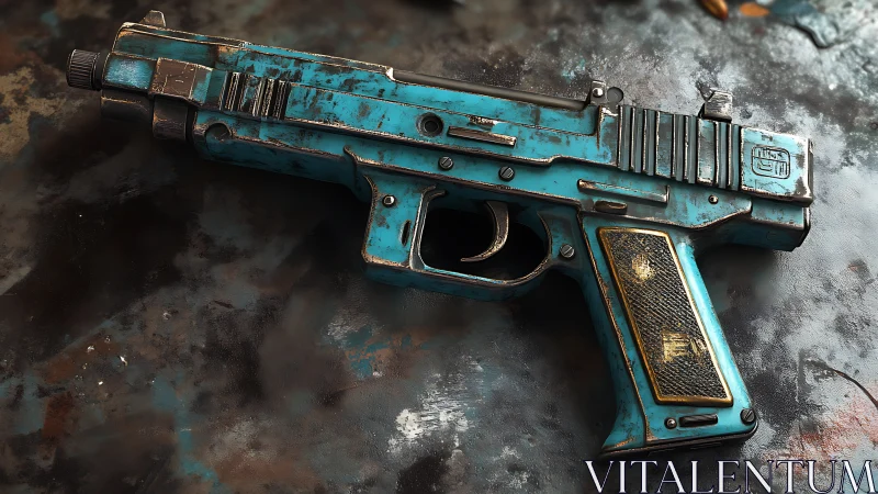 Weathered teal handgun with industrial sci fi detailing.