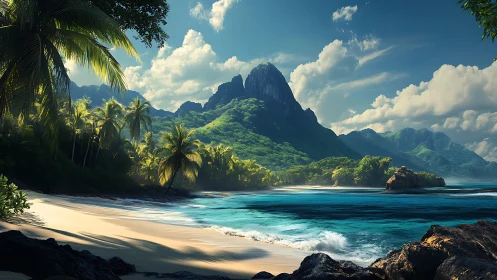 Tropical Paradise: Pristine Beach with Volcanic Peaks