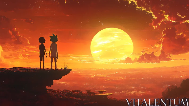 Two silhouetted figures watching an intense orange sunset.
