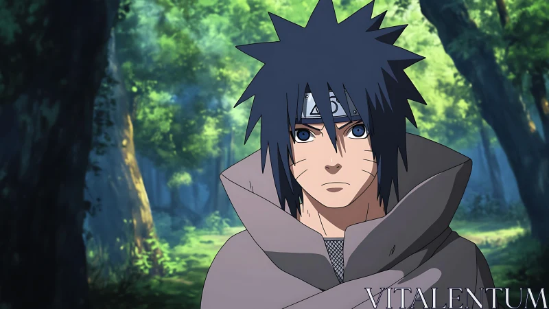 Quiet resolve of a cloaked ninja in sun-dappled forest.