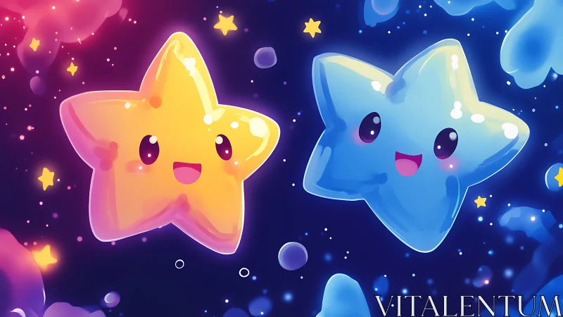 Digital painting of kawaii twin stars in luminous nebula space.
