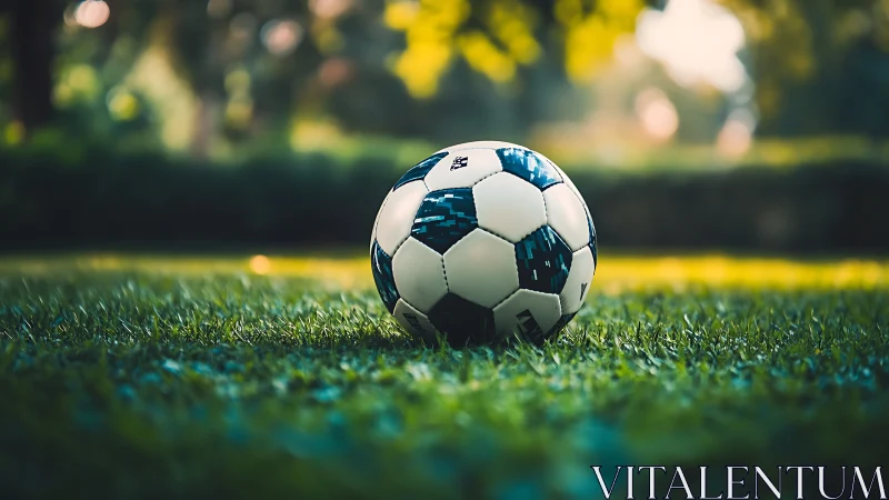 Soccer ball on green grass field under soft evening light.