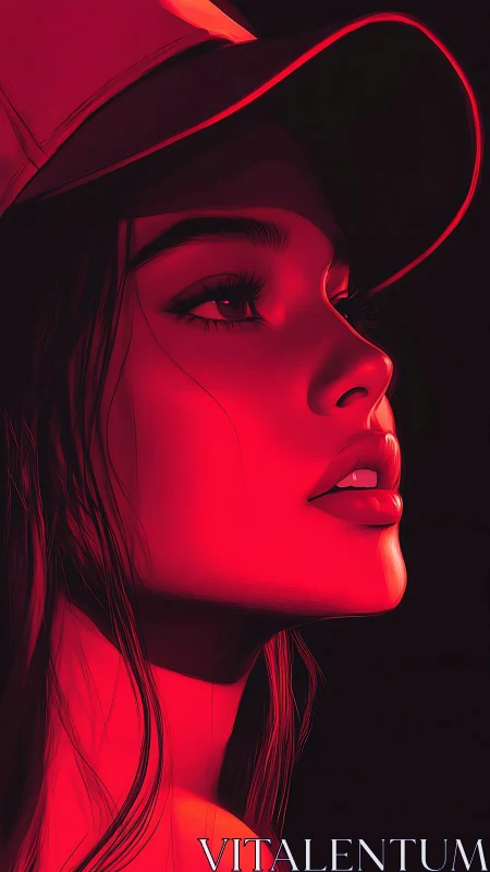 Scarlet side-lit portrait of woman in cap, digital glow.