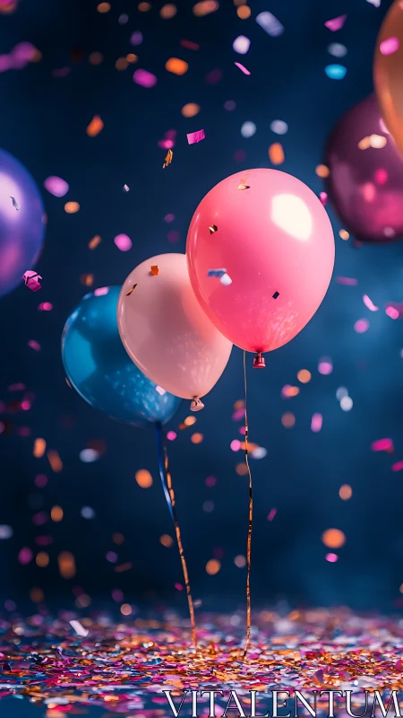 Neon Balloons Floating Among Confetti and Bokeh Lights