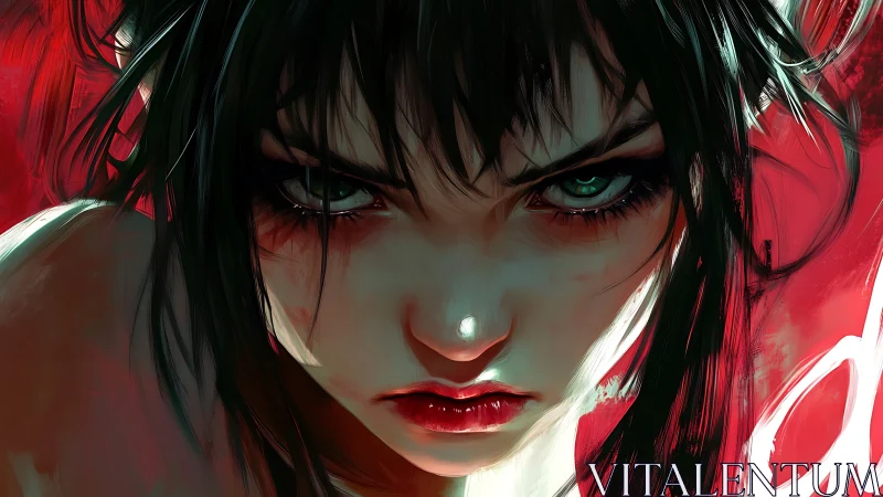 Intense green-eyed femme fatale glares through crimson fury