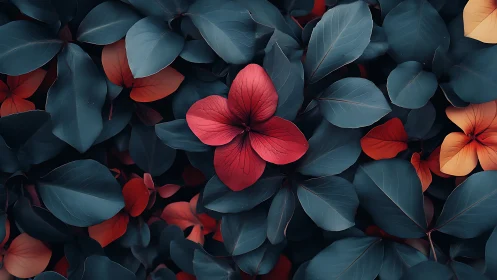 Red and orange flowers among dense blue-green foliage.