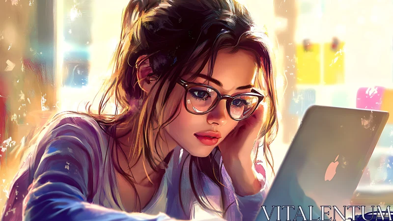Digital painting of focused woman with laptop in soft bokeh light.