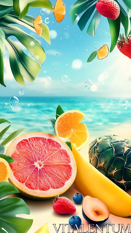 Tropical fruits and foliage are arranged before a seascape