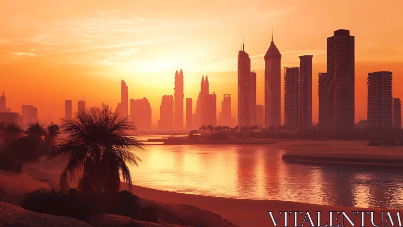 Sunlit desert waterfront city skyline stands against orange sky