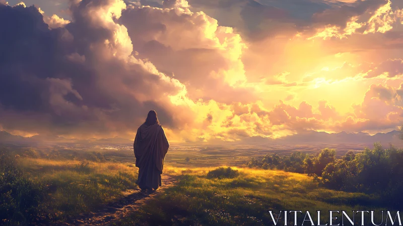 Solitary robed figure walks toward radiant golden horizon.