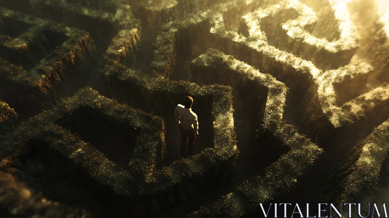 Golden maze corridor welcomes a thoughtful lone explorer