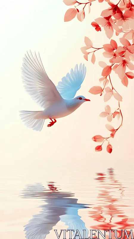 White bird in flight beside red foliage over water surface.