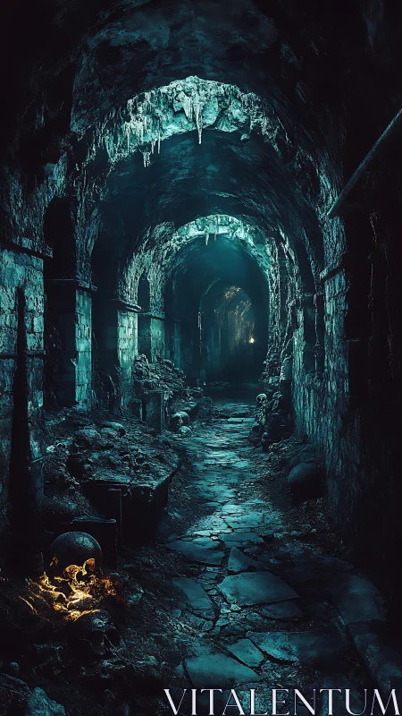 Moody underground passage glowing with eerie blue light.