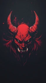 Fierce crimson horned demon portrait on deep dark void.