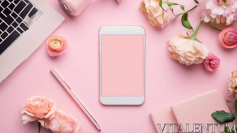 Flat lay smartphone workspace with florals on pastel pink