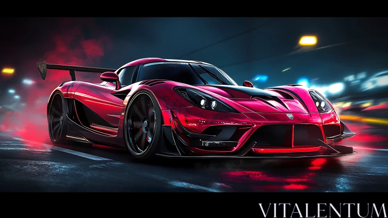 Hyperreal red supercar slices through neon-lit wet asphalt