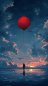 Solitary figure beneath crimson balloon at dusk seascape.