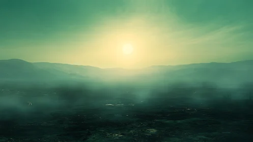 Silent green sunrise unfolds over misty valley plains