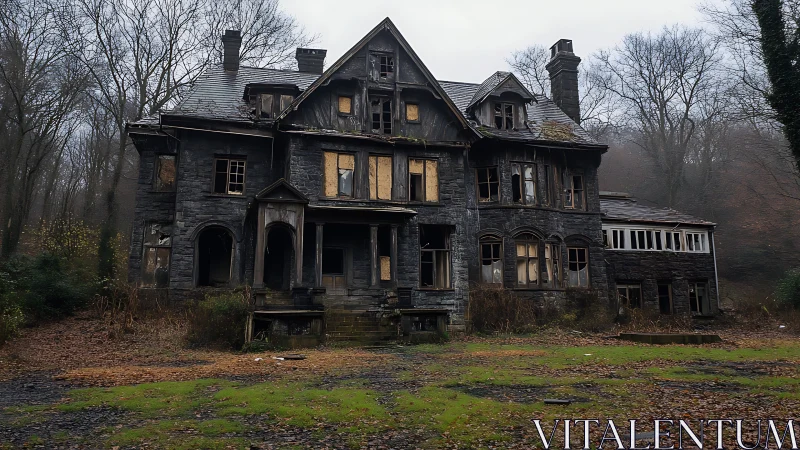 Abandoned multi‑story stone mansion in overgrown woodland.