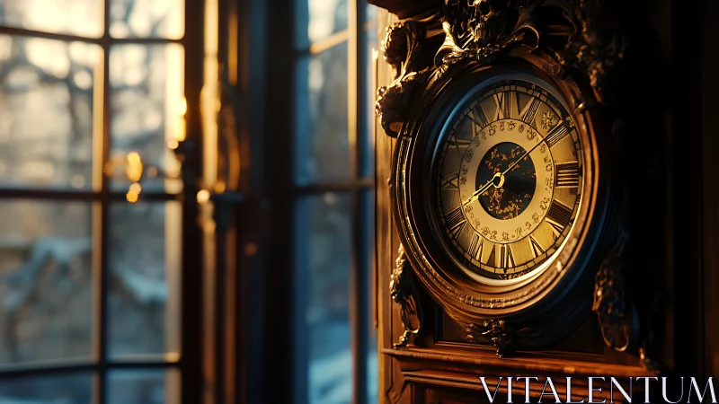 Ornate antique clock beside sunlit window interior scene.