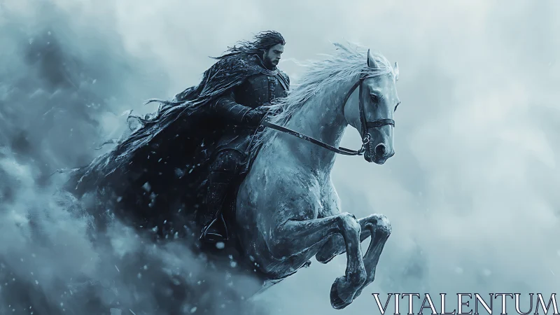 Armored rider on white horse in dense icy storm.