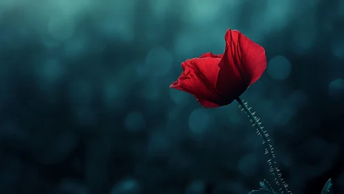 Macro study of red poppy bloom against teal bokeh field.