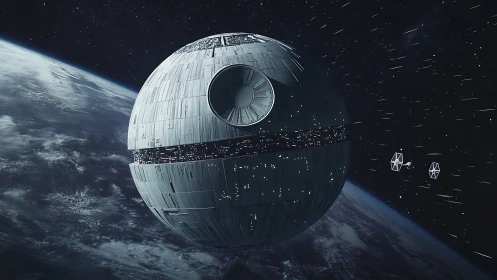 Planet-killing battle station orbits shadowed terrestrial world.