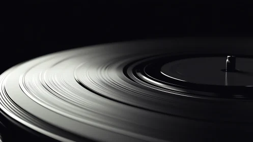 Vinyl record grooves under dramatic low key studio lighting.